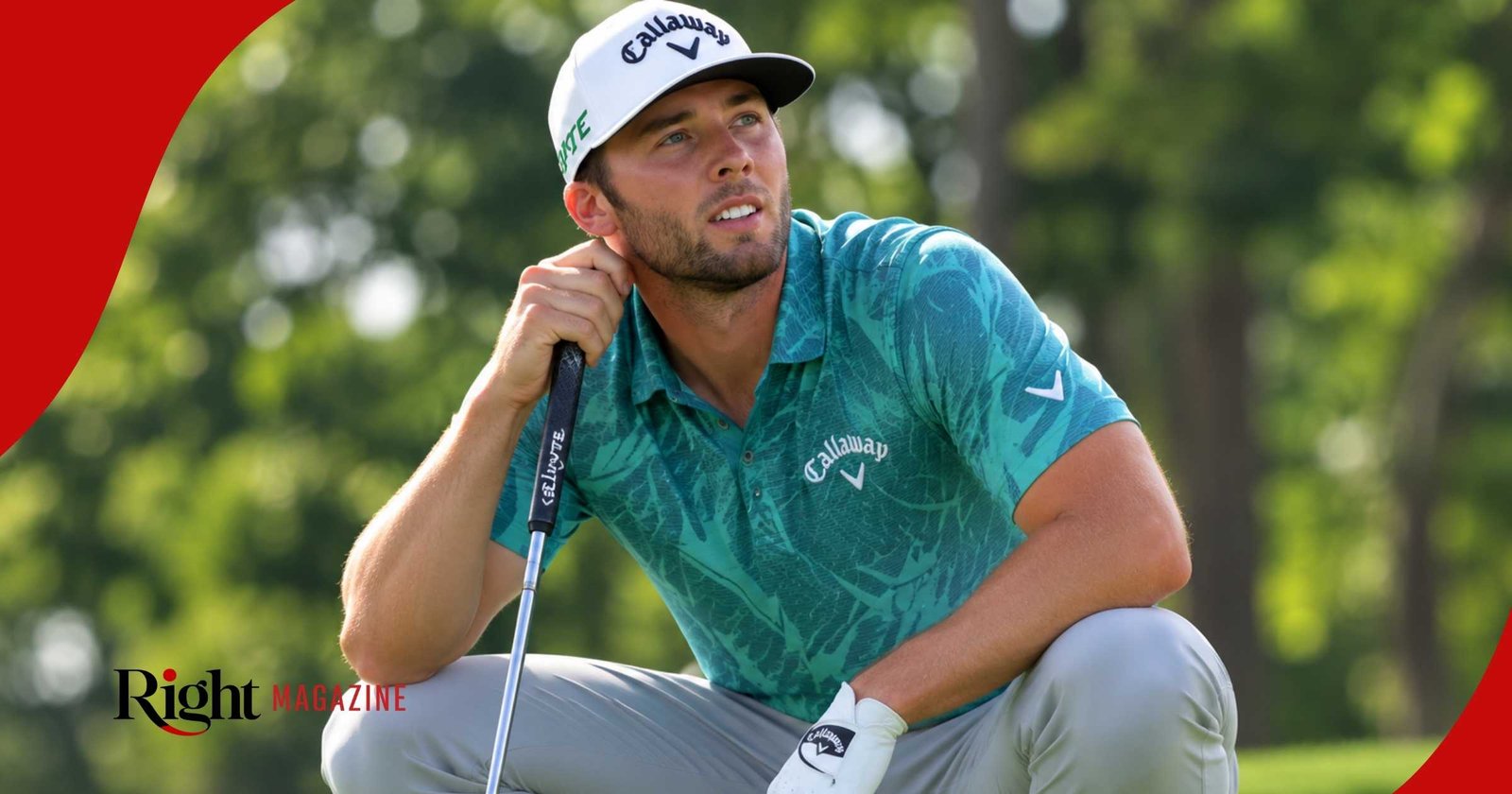 PGA Tour golfer Sam Burns squatting on the green, wearing a teal patterned Callaway polo and white cap while holding his putter.